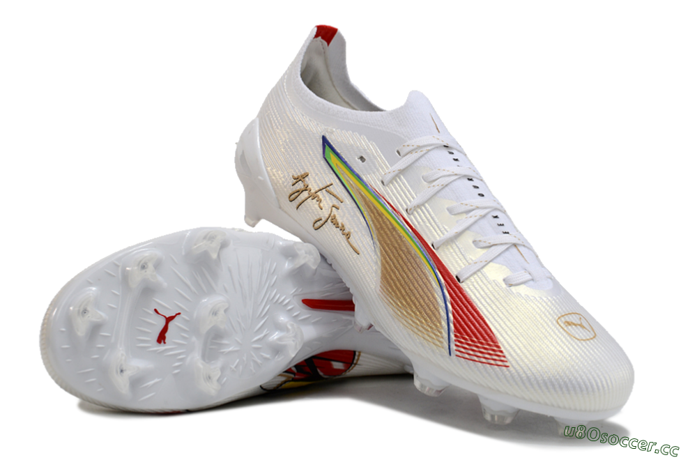 Men's Puma Ultra 5 Ultimate FG Firm Ground Low-Tops Football Boots - White/Red/Yellow/Green 3