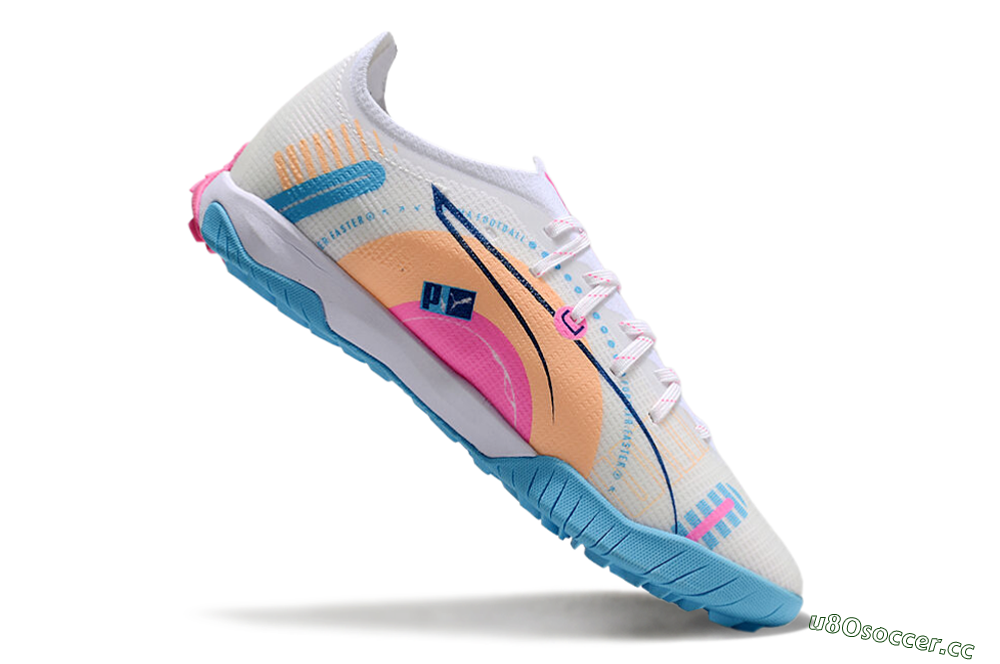 Men's Puma Ultra 5 Ultimate TF Artificial Turf Low-Tops Football Shoes - White/Blue/Pink/Yellow 4