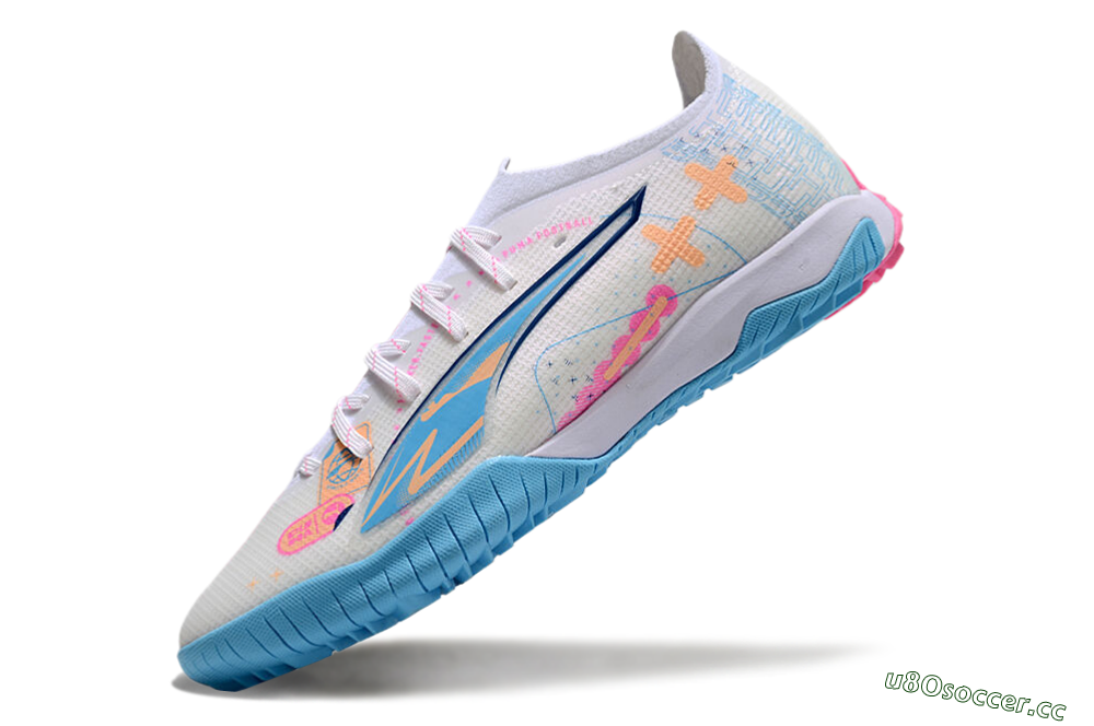 Men's Puma Ultra 5 Ultimate TF Artificial Turf Low-Tops Football Shoes - White/Blue/Pink/Yellow 5