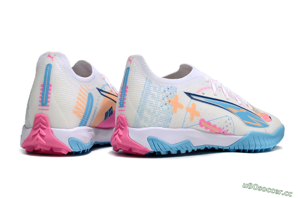 Men's Puma Ultra 5 Ultimate TF Artificial Turf Low-Tops Football Shoes - White/Blue/Pink/Yellow 6