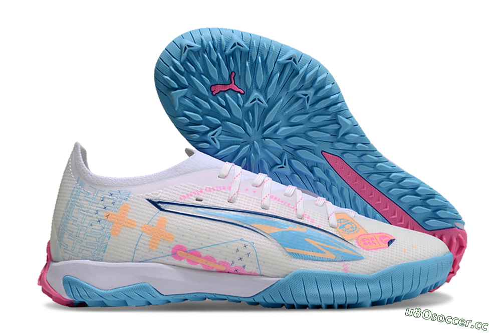 Men's Puma Ultra 5 Ultimate TF Artificial Turf Low-Tops Football Shoes - White/Blue/Pink/Yellow 2