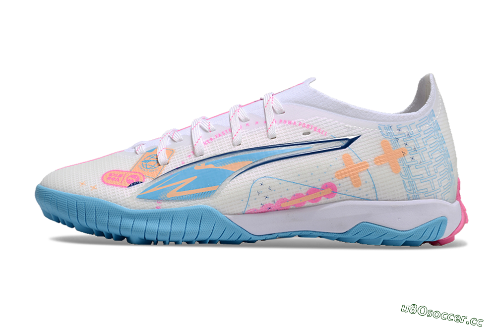 Men's Puma Ultra 5 Ultimate TF Artificial Turf Low-Tops Football Shoes - White/Blue/Pink/Yellow 0