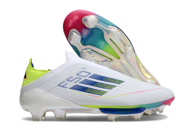 Unisex Adidas F50+ Lightstrike Pro Laceless FG Firm Ground Low-Tops Football Boots - White/Blue/Yellow/Pink