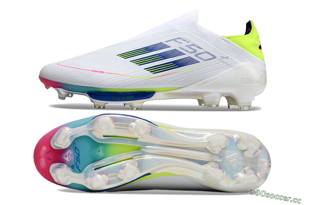 Unisex Adidas F50+ Lightstrike Pro Laceless FG Firm Ground Low-Tops Football Boots - White/Blue/Yellow/Pink 1