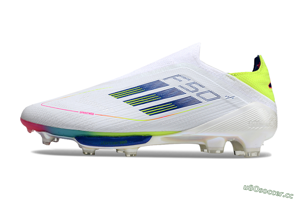 Unisex Adidas F50+ Lightstrike Pro Laceless FG Firm Ground Low-Tops Football Boots - White/Blue/Yellow/Pink 0
