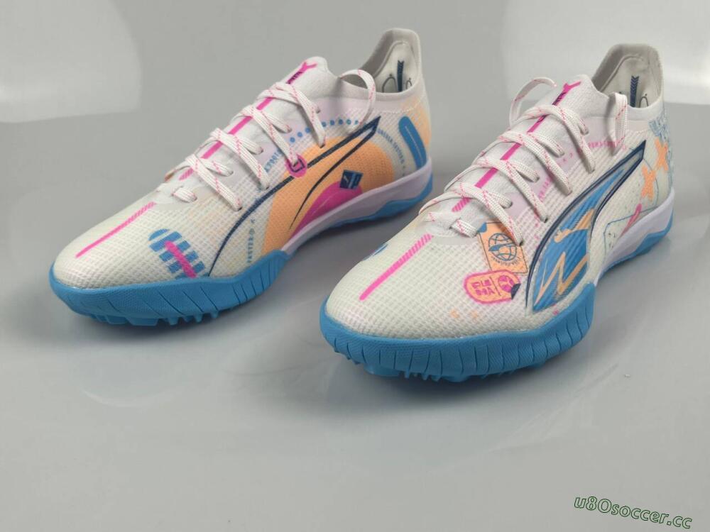 Men's Puma Ultra 5 Ultimate TF Artificial Turf Low-Tops Football Shoes - White/Blue/Pink/Yellow