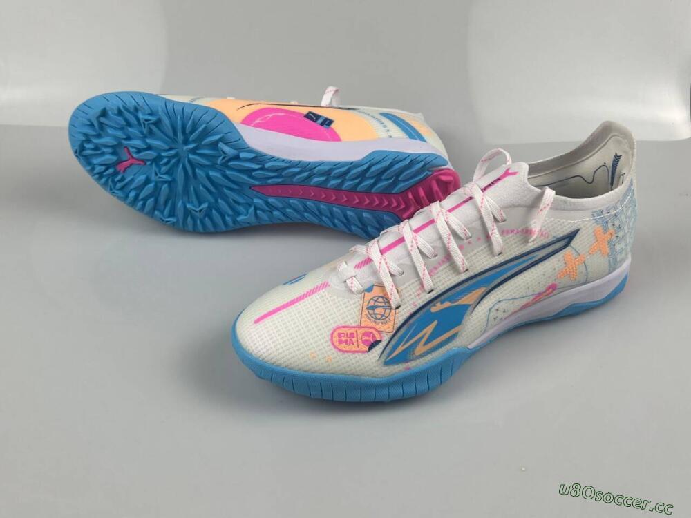 Men's Puma Ultra 5 Ultimate TF Artificial Turf Low-Tops Football Shoes - White/Blue/Pink/Yellow
