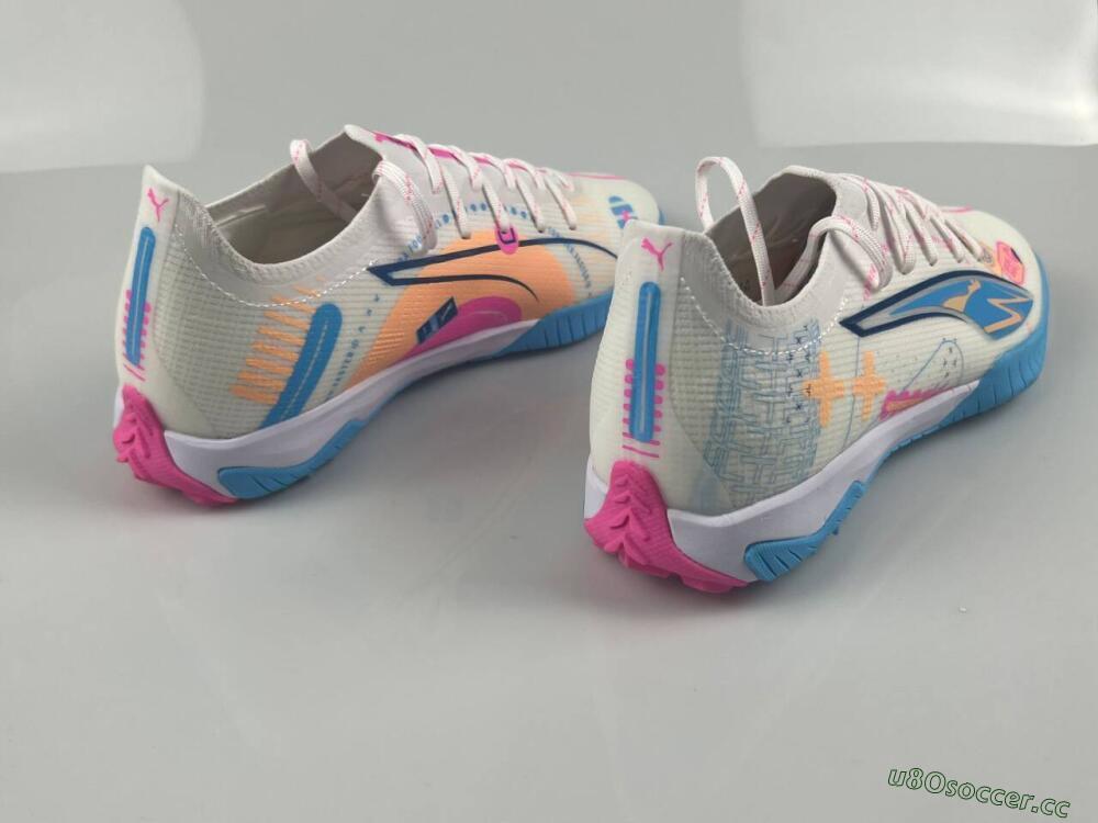 Men's Puma Ultra 5 Ultimate TF Artificial Turf Low-Tops Football Shoes - White/Blue/Pink/Yellow