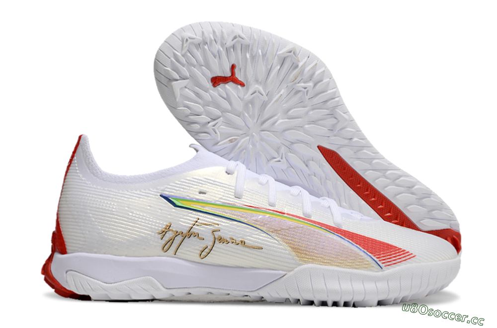 Men's Puma Ultra Ultimate TF Artificial Turf Low-Tops Football Shoes - White/Red/Yellow 2