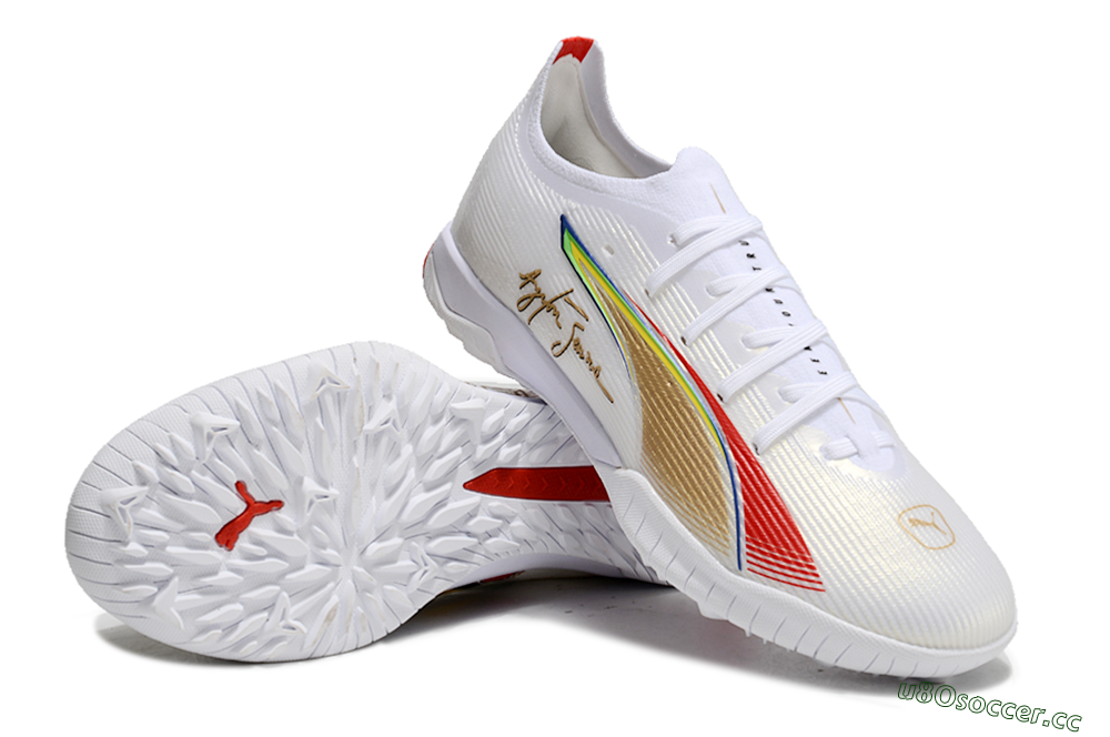 Men's Puma Ultra Ultimate TF Artificial Turf Low-Tops Football Shoes - White/Red/Yellow 3