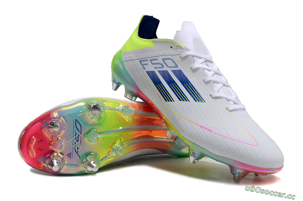 Men's Adidas F50 Elite SG Soft Ground Low-Tops Football Boots - White/Pink/Yellow/Blue 3