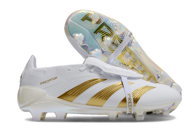 Unisex Adidas Predator Elite Foldover Tongue FG Firm Ground Low-Tops Football Boots - White/Gold/Beige