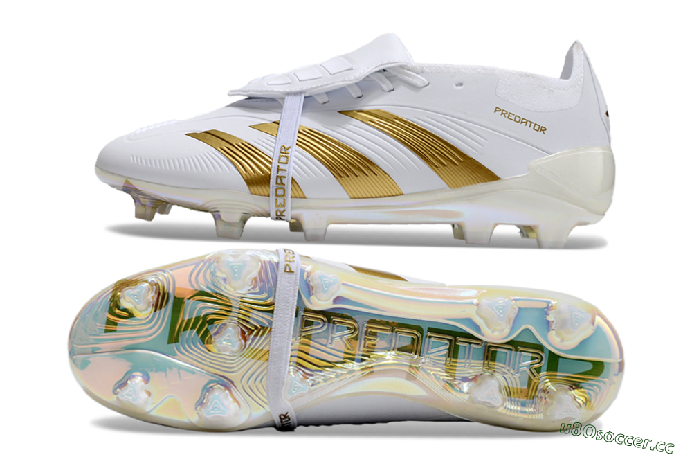 Unisex Adidas Predator Elite Foldover Tongue FG Firm Ground Low-Tops Football Boots - White/Gold/Beige 1