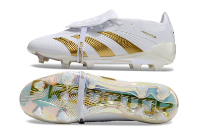 Unisex Adidas Predator Elite Foldover Tongue FG Firm Ground Low-Tops Football Boots - White/Gold/Beige