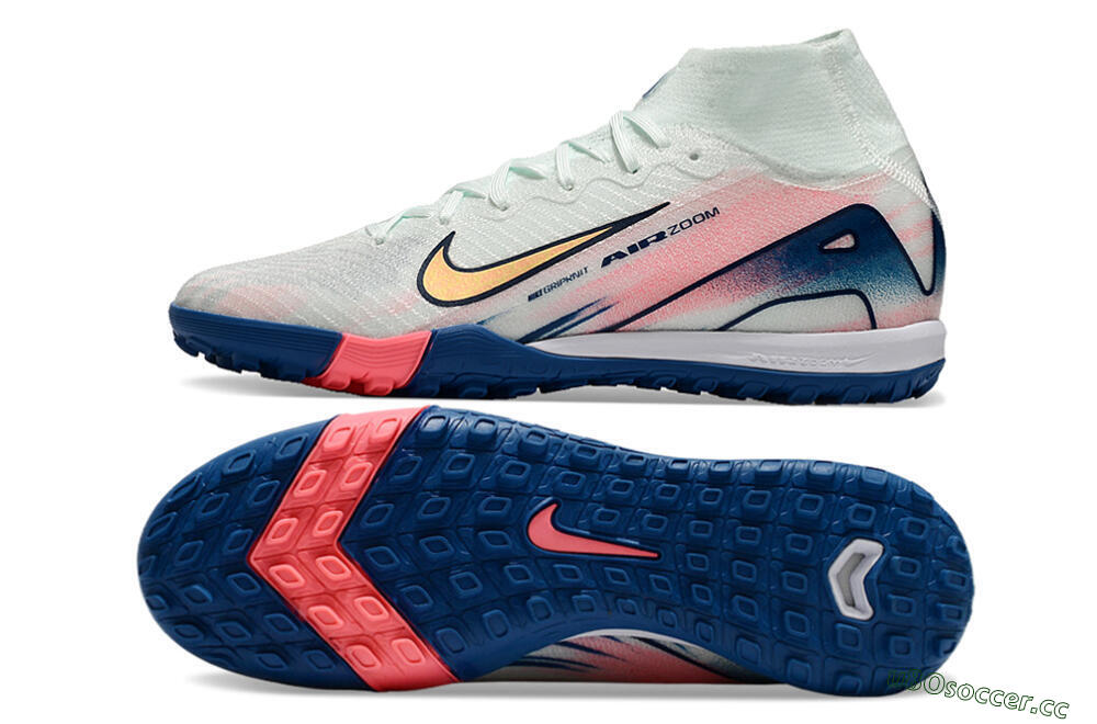 Unisex Nike Air Zoom Mercurial Superfly 10 Elite TF Artificial Turf High-Tops Football Shoes - White/Pink/Blue 7