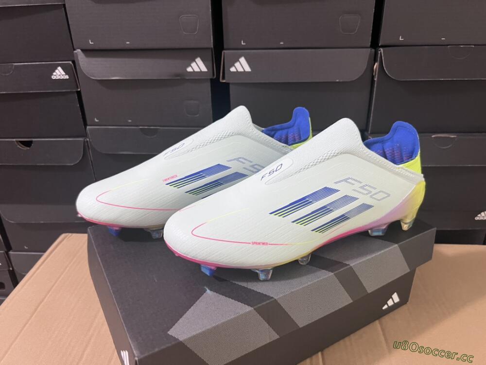 Men's Adidas F50 Elite Laceless FG Firm Ground Low-Tops Football Boots - White/Blue/Pink/Yellow