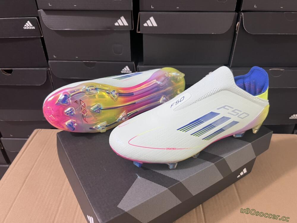 Men's Adidas F50 Elite Laceless FG Firm Ground Low-Tops Football Boots - White/Blue/Pink/Yellow