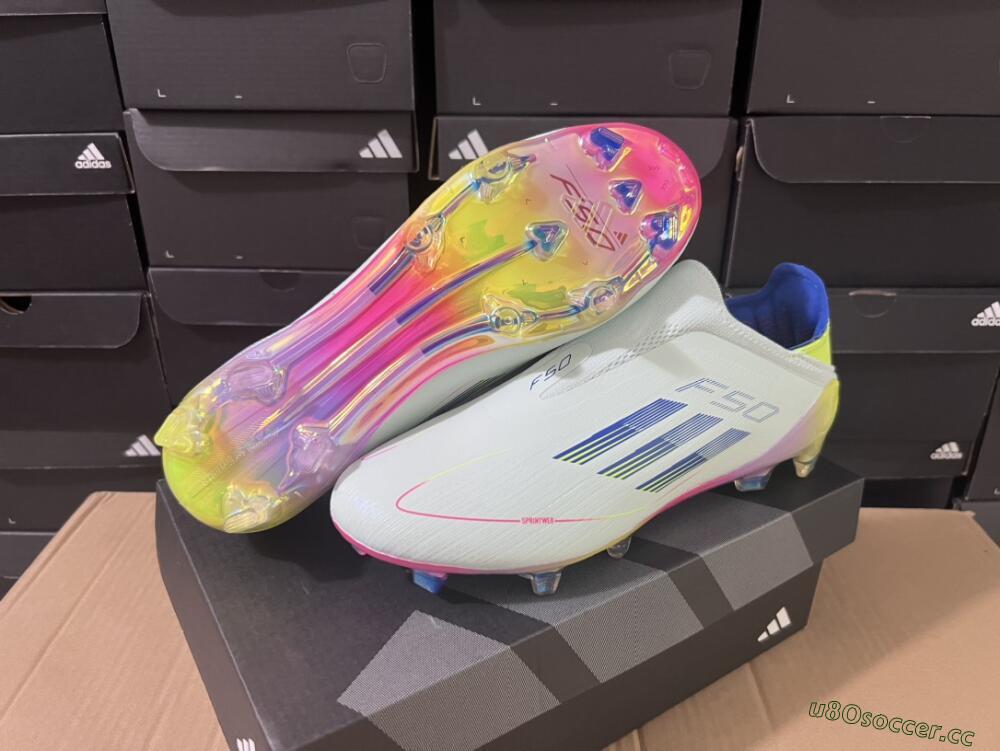 Men's Adidas F50 Elite Laceless FG Firm Ground Low-Tops Football Boots - White/Blue/Pink/Yellow