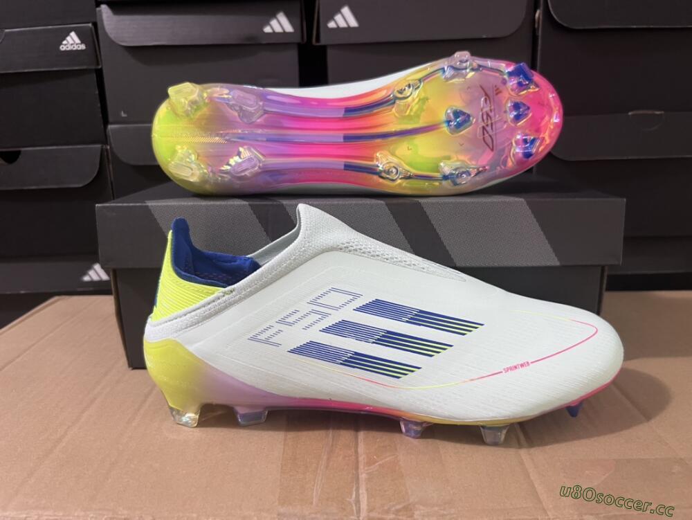 Men's Adidas F50 Elite Laceless FG Firm Ground Low-Tops Football Boots - White/Blue/Pink/Yellow
