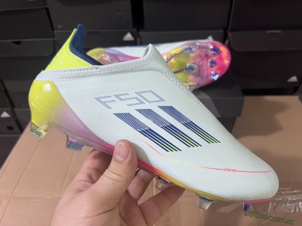 Men's Adidas F50 Elite Laceless FG Firm Ground Low-Tops Football Boots - White/Blue/Pink/Yellow
