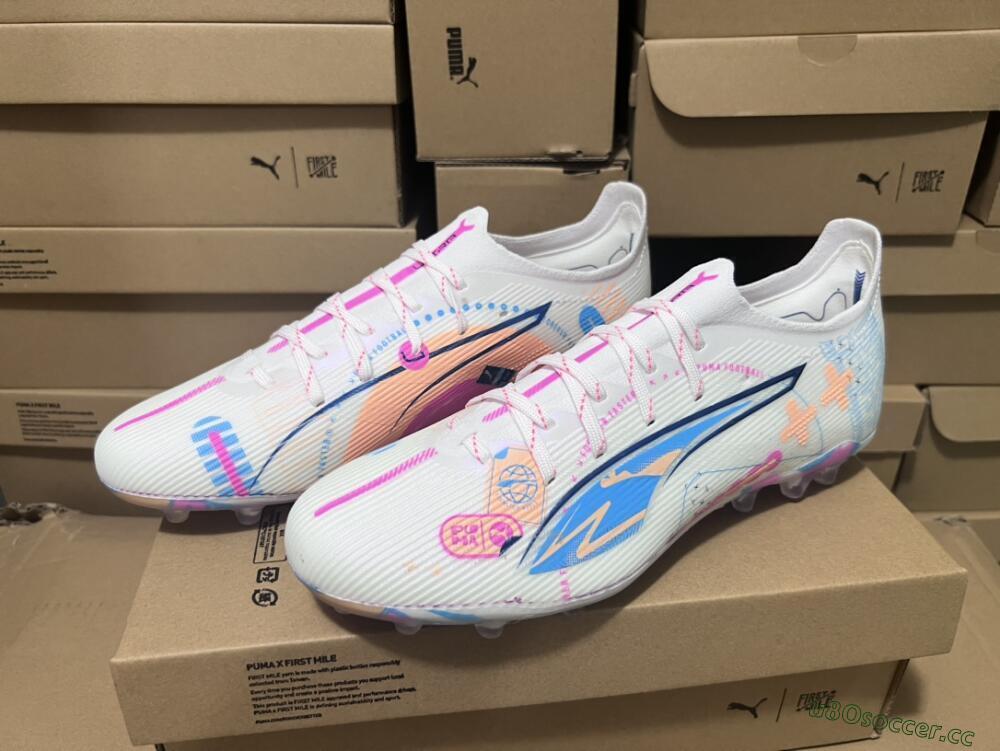 Men's Puma Ultra 5 Ultimate FG Firm Ground Low-Tops Football Boots - White/Pink/Yellow/Blue