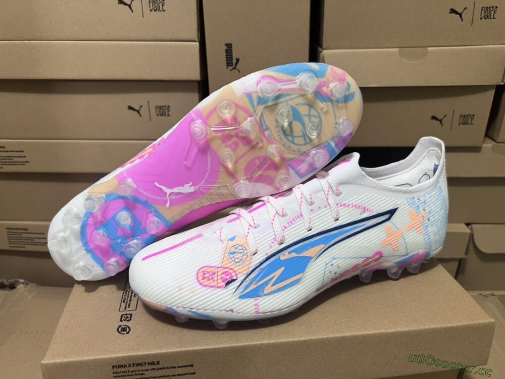 Men's Puma Ultra 5 Ultimate FG Firm Ground Low-Tops Football Boots - White/Pink/Yellow/Blue