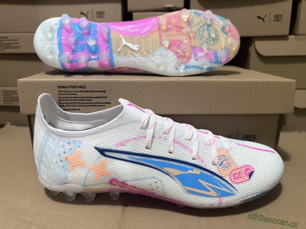 Men's Puma Ultra 5 Ultimate FG Firm Ground Low-Tops Football Boots - White/Pink/Yellow/Blue