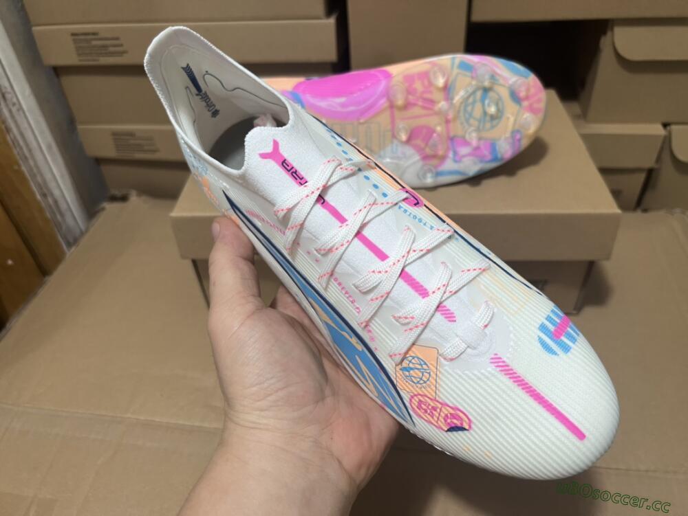 Men's Puma Ultra 5 Ultimate FG Firm Ground Low-Tops Football Boots - White/Pink/Yellow/Blue