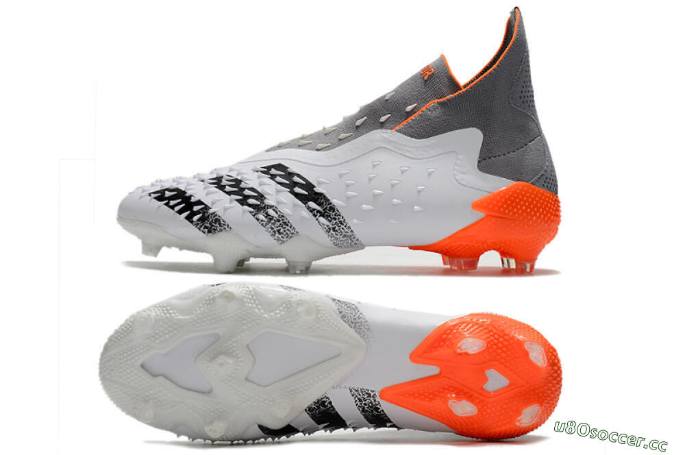 Men's Adidas Predator Freak+ Laceless FG Firm Ground High-Tops Football Boots - White/Grey/Orange 1