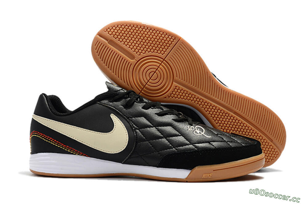 Men's Nike Tiempo Ligera 4 10R IC Indoor & Futsal Low-Tops Football Shoes - Black/Beige/Brown 2
