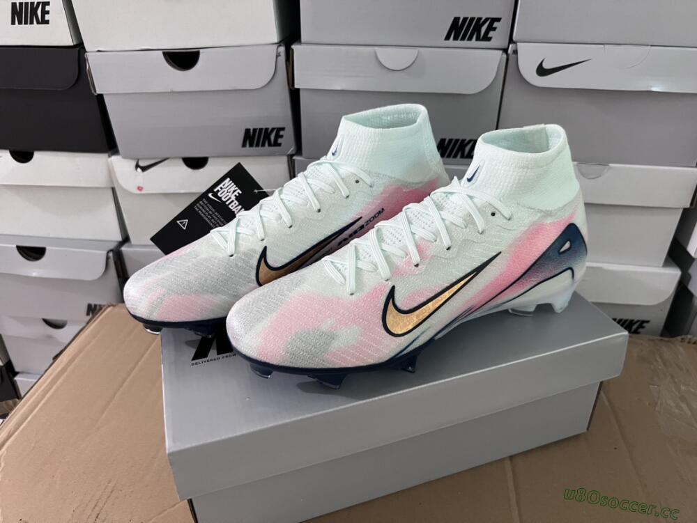 Unisex Nike Air Zoom Mercurial Superfly 10 Elite FG Firm Ground High-Tops Football Boots - White/Pink/Blue