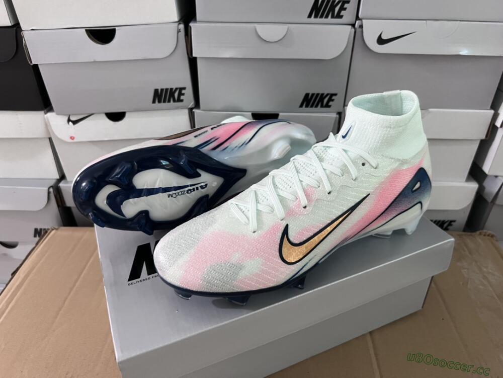 Unisex Nike Air Zoom Mercurial Superfly 10 Elite FG Firm Ground High-Tops Football Boots - White/Pink/Blue