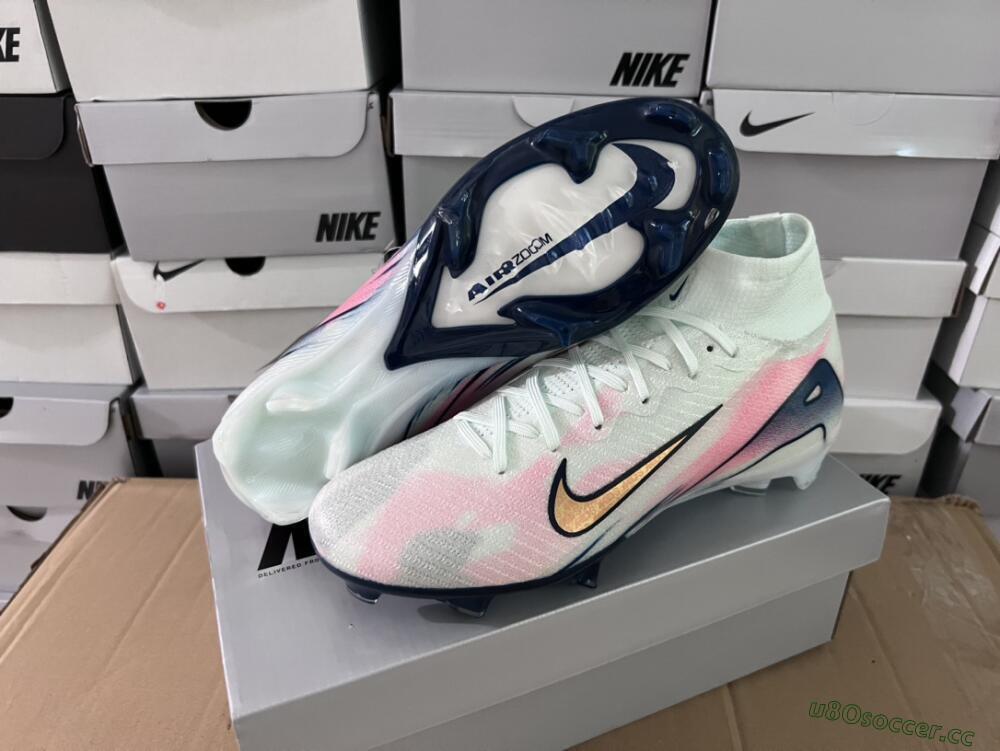 Unisex Nike Air Zoom Mercurial Superfly 10 Elite FG Firm Ground High-Tops Football Boots - White/Pink/Blue