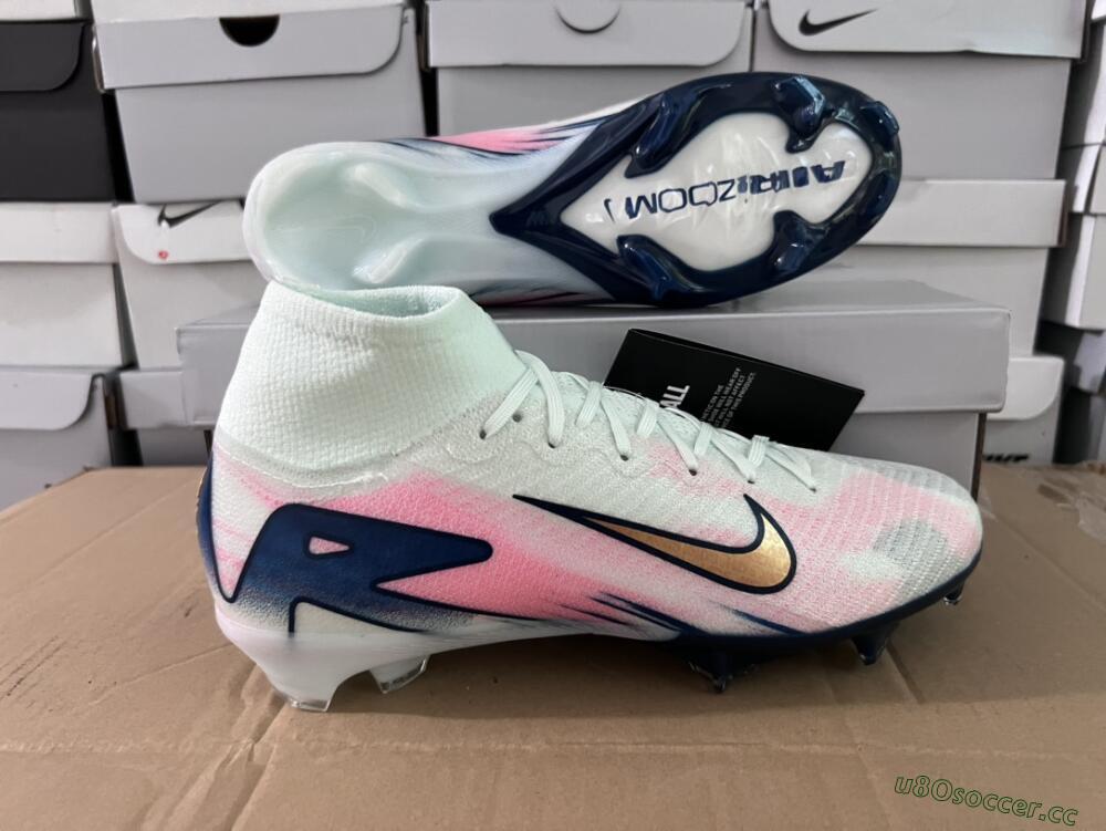 Unisex Nike Air Zoom Mercurial Superfly 10 Elite FG Firm Ground High-Tops Football Boots - White/Pink/Blue