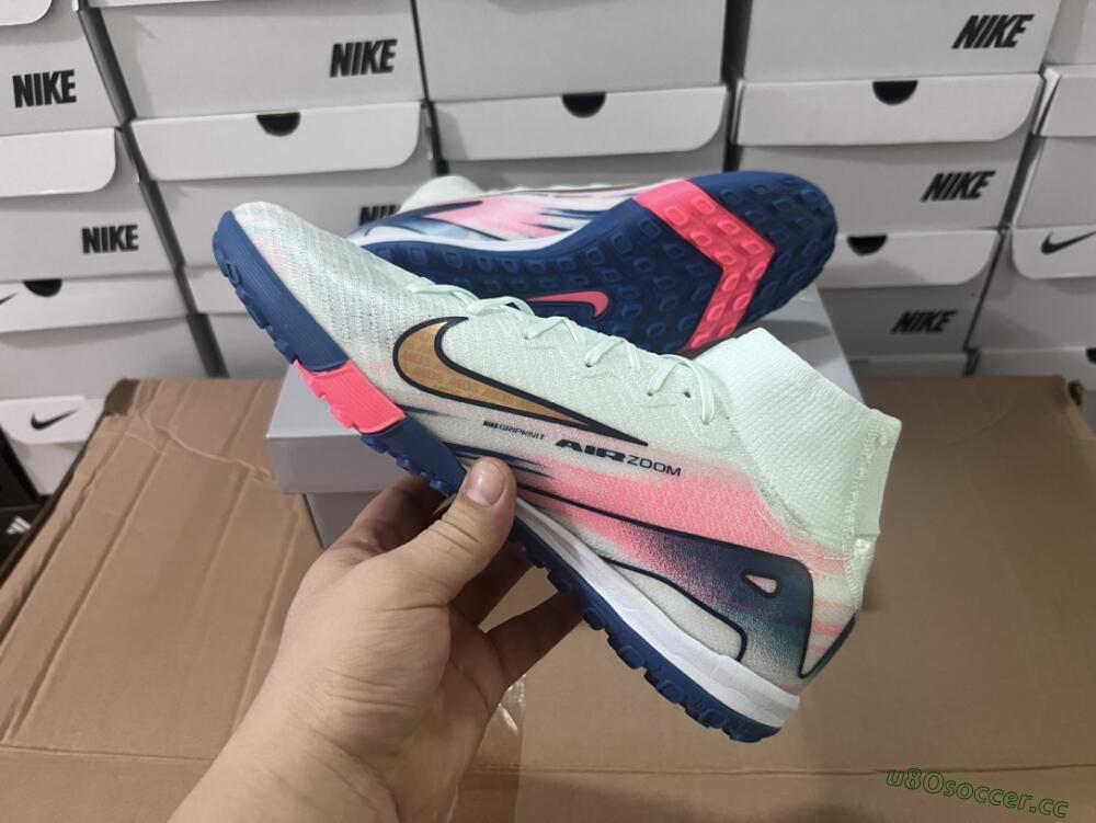 Unisex Nike Air Zoom Mercurial Superfly 10 Elite TF Artificial Turf High-Tops Football Shoes - White/Pink/Blue