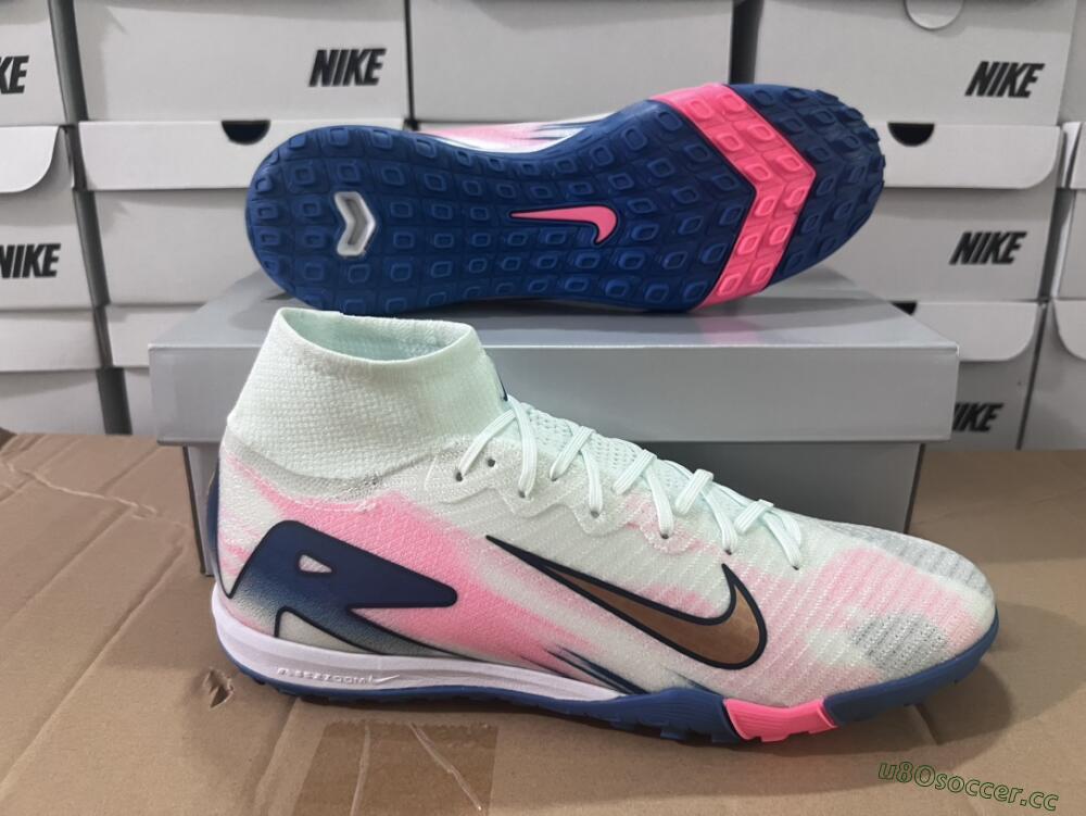 Unisex Nike Air Zoom Mercurial Superfly 10 Elite TF Artificial Turf High-Tops Football Shoes - White/Pink/Blue