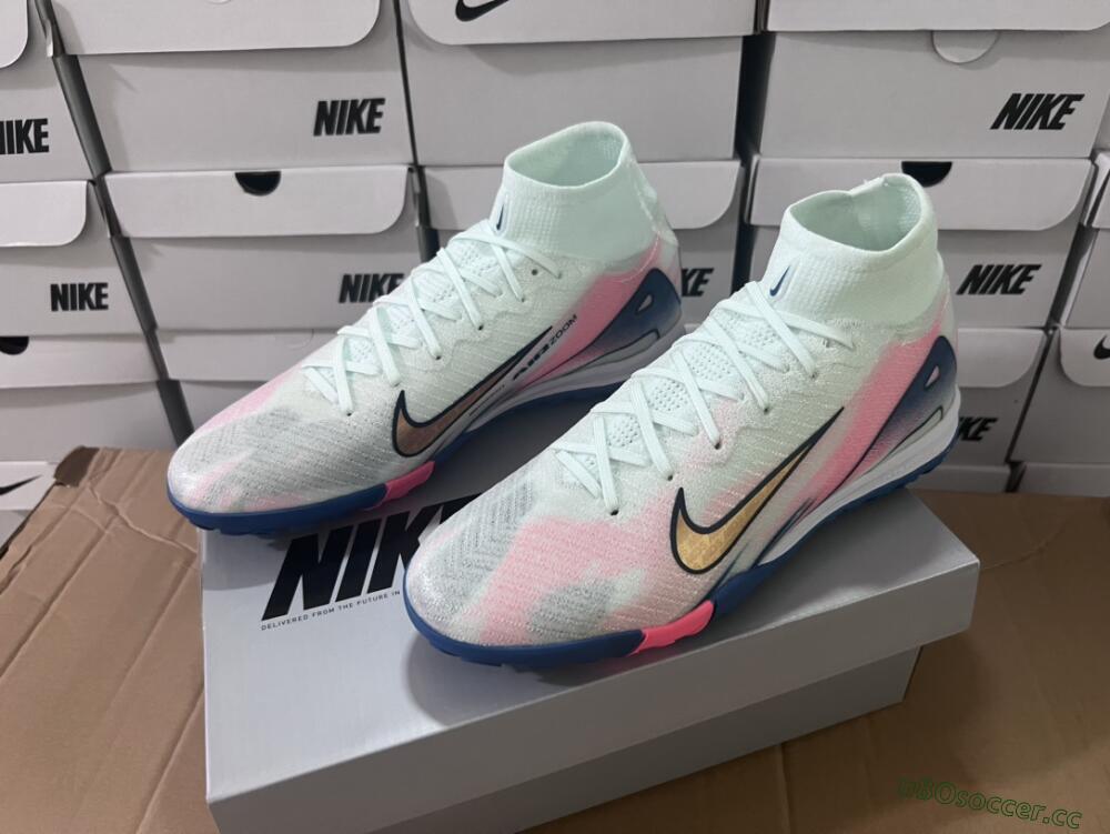 Unisex Nike Air Zoom Mercurial Superfly 10 Elite TF Artificial Turf High-Tops Football Shoes - White/Pink/Blue
