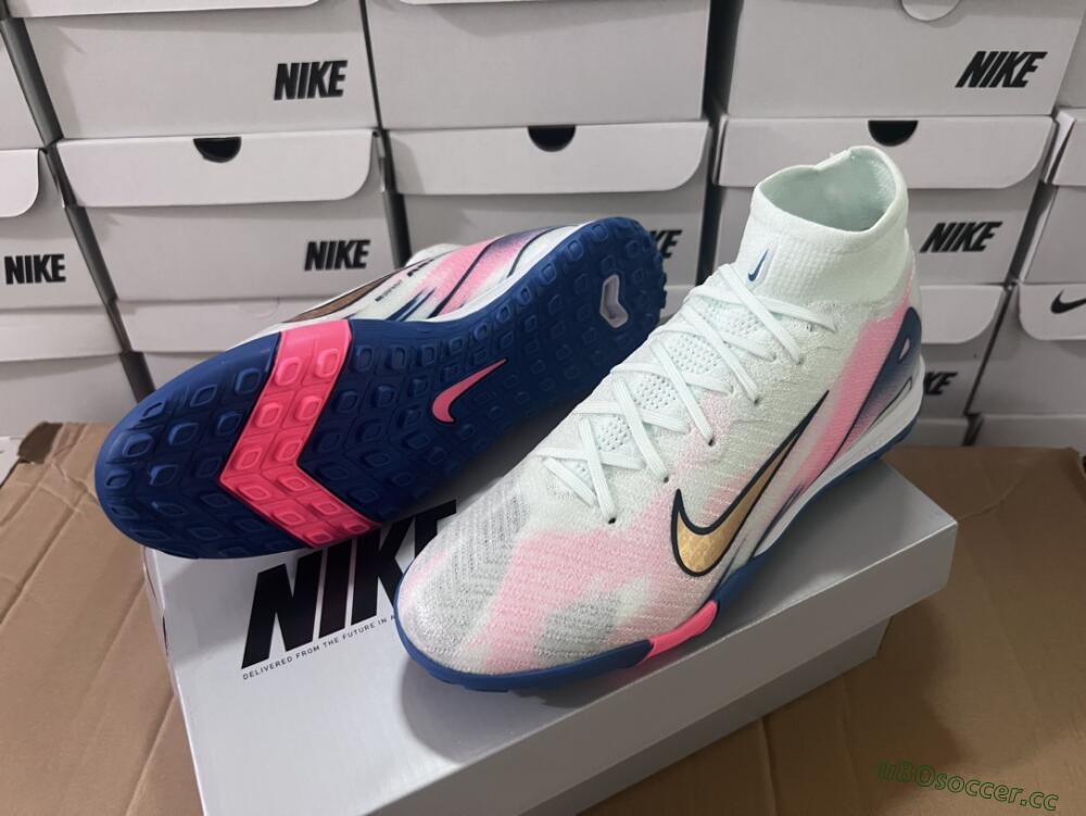 Unisex Nike Air Zoom Mercurial Superfly 10 Elite TF Artificial Turf High-Tops Football Shoes - White/Pink/Blue