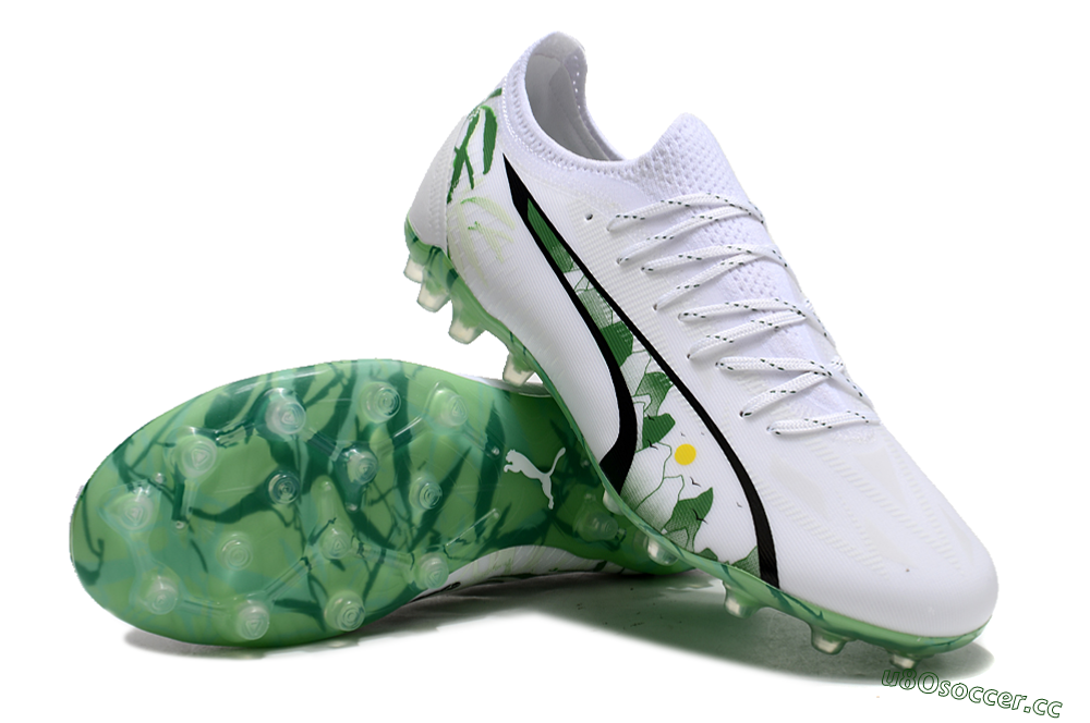 Men's Puma Ultra Ultimate MG Multi Ground Low-Tops Football Boots - White/Black/Green 3
