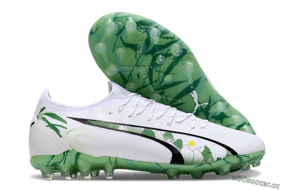 Men's Puma Ultra Ultimate MG Multi Ground Low-Tops Football Boots - White/Black/Green 2