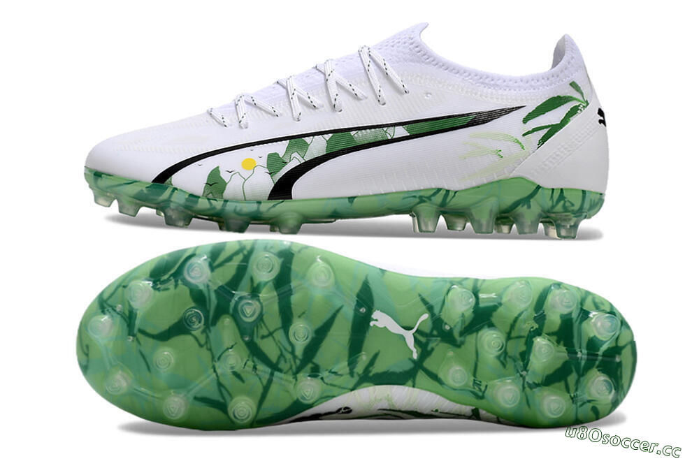 Men's Puma Ultra Ultimate MG Multi Ground Low-Tops Football Boots - White/Black/Green 1
