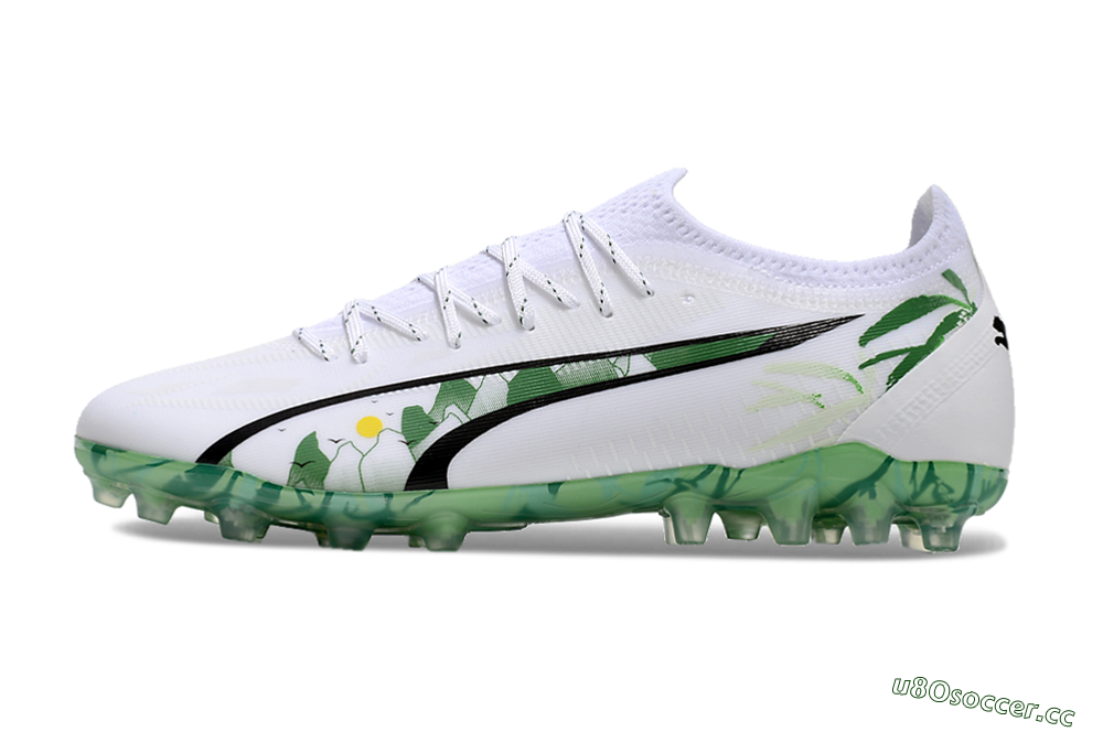 Men's Puma Ultra Ultimate MG Multi Ground Low-Tops Football Boots - White/Black/Green 0