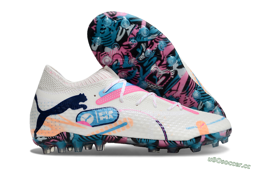 Men's Puma Future Ultimate MG Multi Ground Low-Tops Football Boots - White/Pink/Blue 2