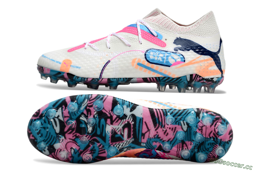 Men's Puma Future Ultimate MG Multi Ground Low-Tops Football Boots - White/Pink/Blue 1
