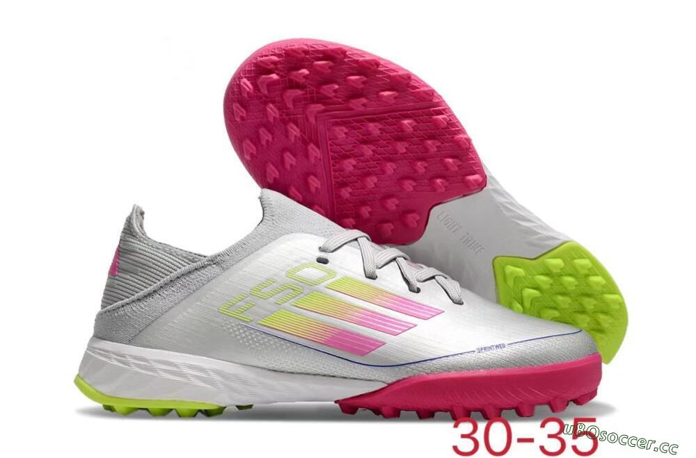 Kids Adidas F50 Elite TF Artificial Turf Low-Tops Football Shoes - Silver/Pink/Yellow 2