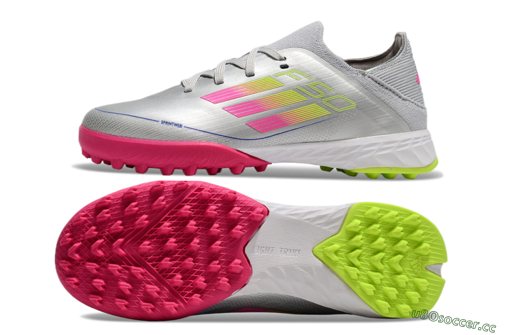 Kids Adidas F50 Elite TF Artificial Turf Low-Tops Football Shoes - Silver/Pink/Yellow 1