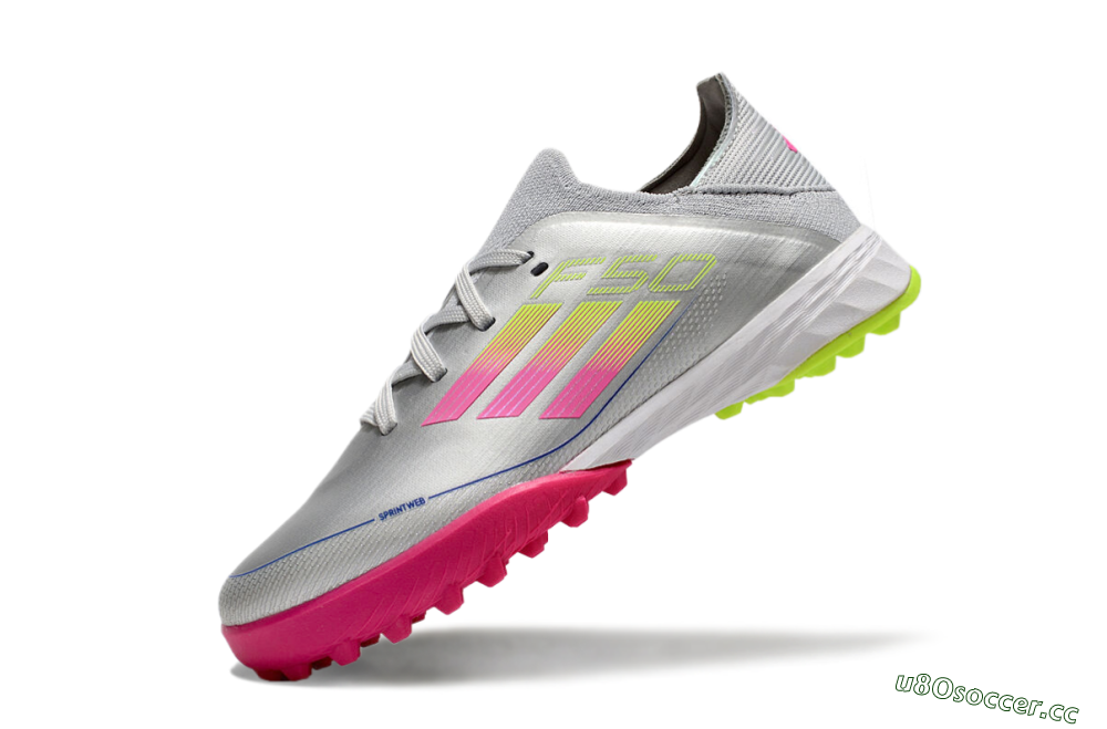 Kids Adidas F50 Elite TF Artificial Turf Low-Tops Football Shoes - Silver/Pink/Yellow 5