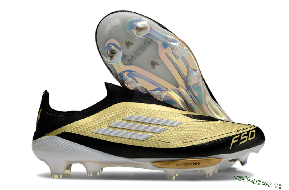Men's Adidas F50+ Lightstrike Pro Laceless FG Firm Ground Low-Tops Football Boots - Gold/Black/White 2