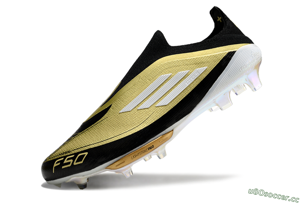 Men's Adidas F50+ Lightstrike Pro Laceless FG Firm Ground Low-Tops Football Boots - Gold/Black/White 5