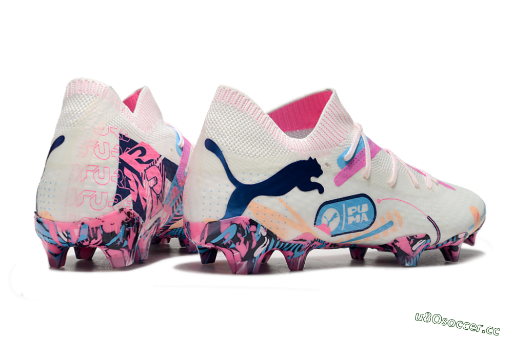 Men's Puma Future Ultimate FG Firm Ground Low-Tops Football Boots - White/Pink/Blue 6